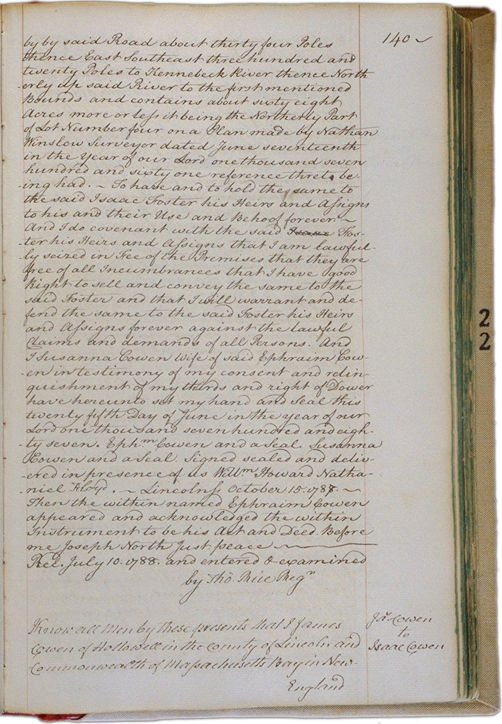 Land deeds of Rev. Foster October 15, 1788 Page 140. Choose 'View Text' (at top) for faster download.
