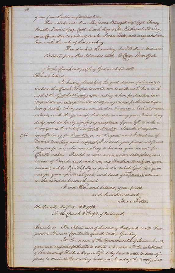 Hallowell Town Records (Transcription by John Sewall) folio 58 (May 8, 1786 meeting). Choose 'View Text' (at top) for faster download.