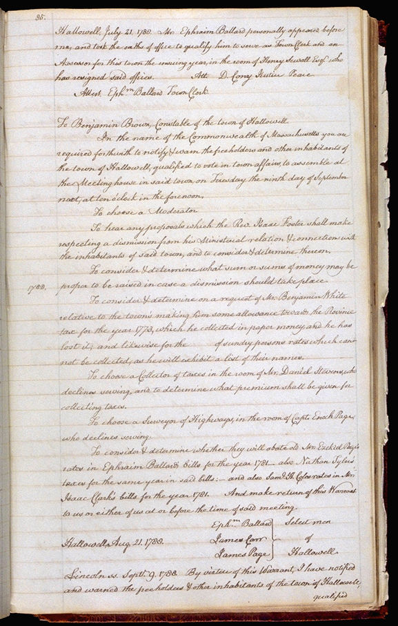 Hallowell Town Records (Transcription by John Sewall) folio 85 (September 9, 1788 meeting). Choose 'View Text' (at top) for faster download.