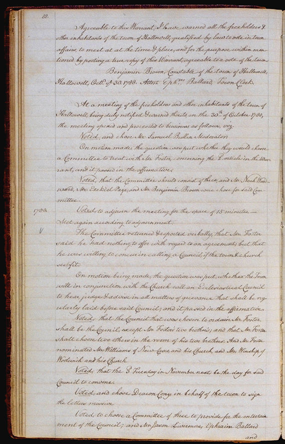 Hallowell Town Records (Transcription by John Sewall) folio 88 (October 30, 1788 meeting). Choose 'View Text' (at top) for faster download.