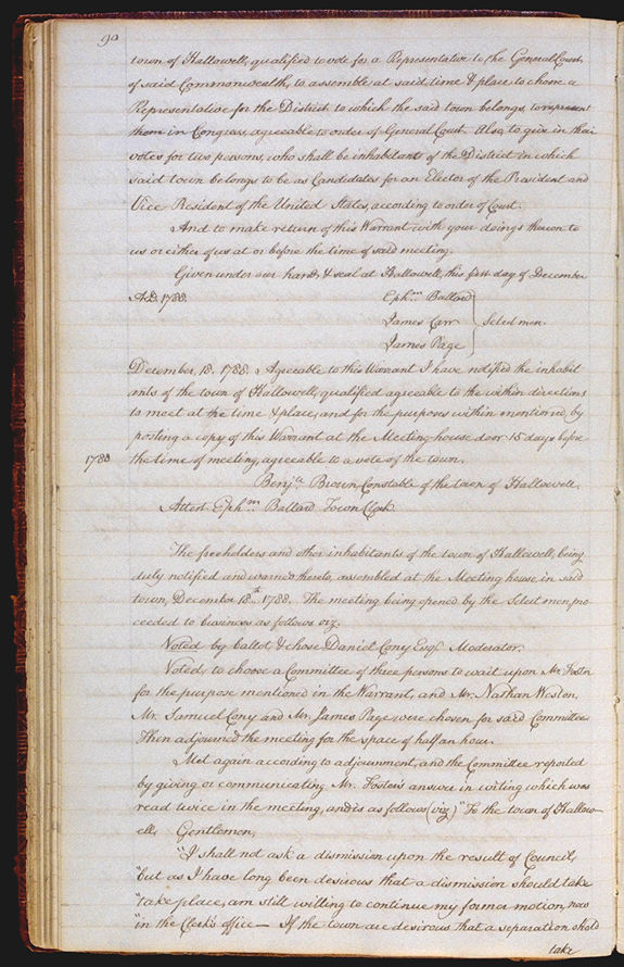 Hallowell Town Records (Transcription by John Sewall) folio 90 (December 18, 1788 meeting). Choose 'View Text' (at top) for faster download.