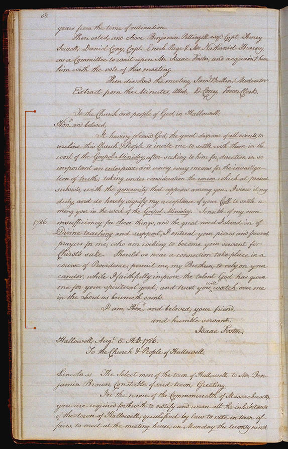 Hallowell Town Records (Transcription by John Sewall) folio 58 (May 8, 1786 meeting). Choose 'View Text' (at top) for faster download.