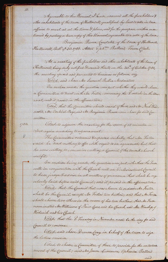 Hallowell Town Records (Transcription by John Sewall) folio 88 (October 30, 1788 meeting). Choose 'View Text' (at top) for faster download.