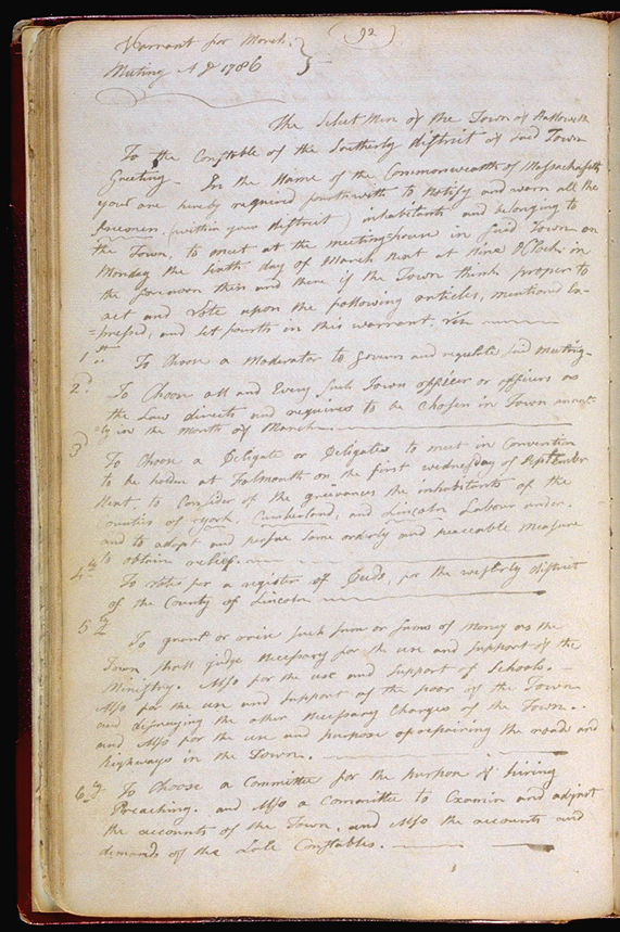 Hallowell Town Records (Original) folio 92 (March 6, 1786 meeting). Choose 'View Text' (at top) for faster download.