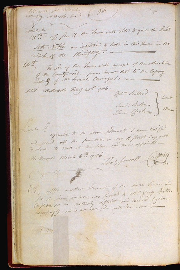 Hallowell Town Records (Original) folio 94 (March 6, 1786 meeting). Choose 'View Text' (at top) for faster download.