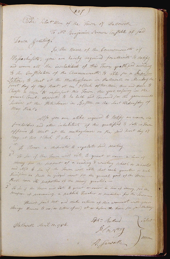 Hallowell Town Records (Original) folio 107 (April 10, 1786 meeting). Choose 'View Text' (at top) for faster download.