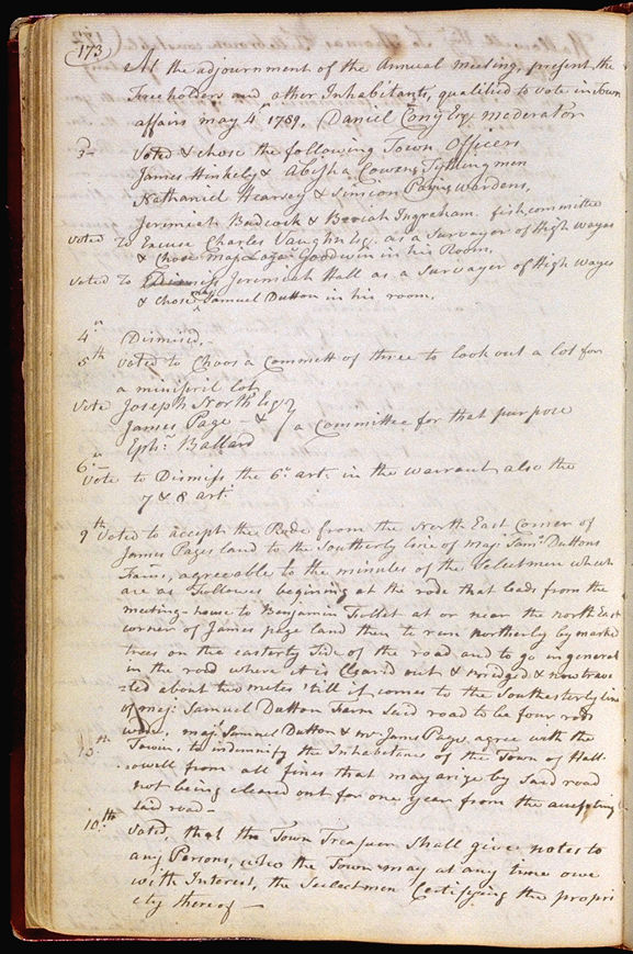 Hallowell Town Records (Original) folio 173 (May 4, 1789 meeting). Choose 'View Text' (at top) for faster download.