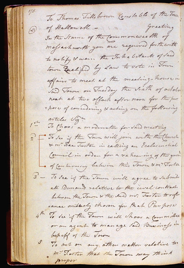 Hallowell Town Records (Original) folio 175 (October 6, 1789 meeting). Choose 'View Text' (at top) for faster download.