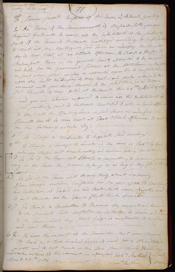 Hallowell Town Records (Original) folio 77 (May 11, 1785 meeting). Choose 'View Text' (at top) for faster download.