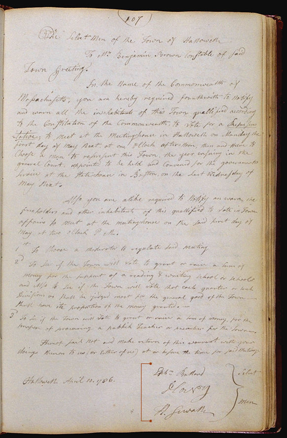 Hallowell Town Records (Original) folio 107 (April 10, 1786 meeting). Choose 'View Text' (at top) for faster download.