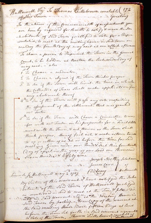 Hallowell Town Records (Original) folio 172 (May 4, 1789 meeting). Choose 'View Text' (at top) for faster download.