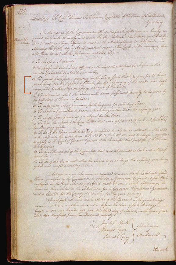 Hallowell Town Records (Original) folio 179 (April 5, 1790 meeting). Choose 'View Text' (at top) for faster download.