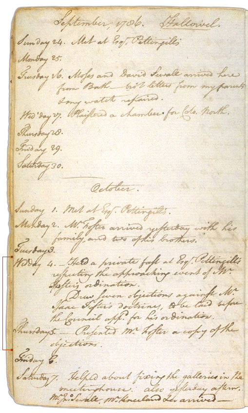 Henry Sewall's Diary September 24 through October 7, 1786. Choose 'View Text' (at top) for faster download.
