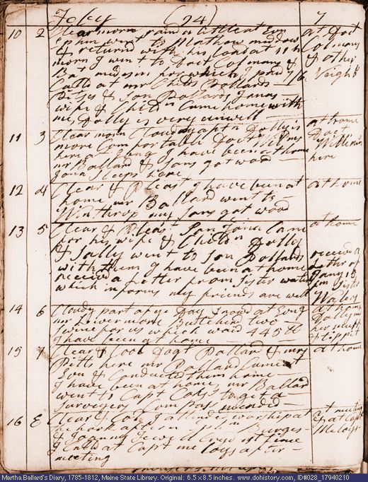 Feb. 10-16, 1794 diary page (image, 125K). Choose 'View Text' (at left) for faster download.