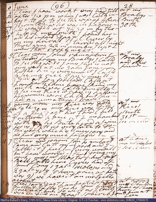 Jun. 15-19, 1796 diary page (image, 138K). Choose 'View Text' (at left) for faster download.