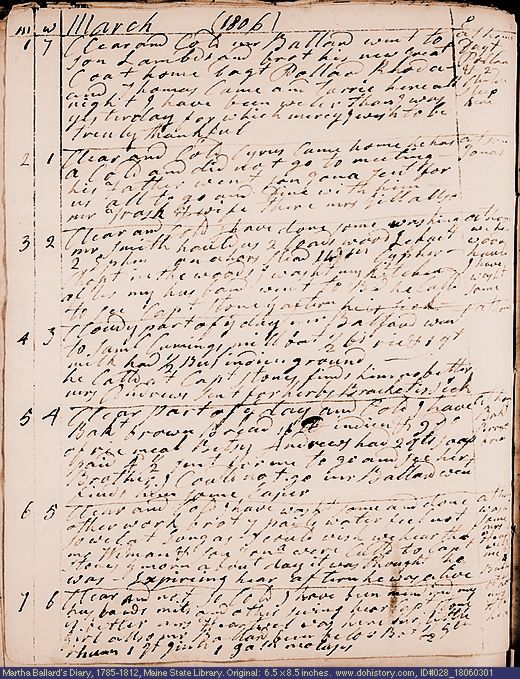 Mar. 1-7, 1806 diary page (image, 138K). Choose 'View Text' (at left) for faster download.