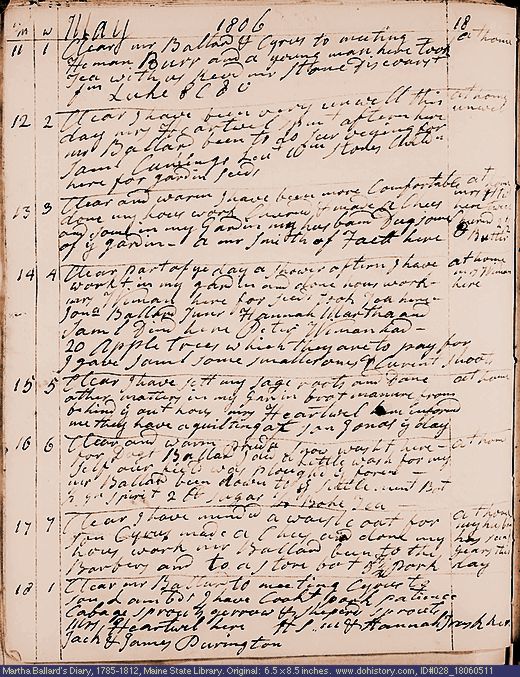 May 11-18, 1806 diary page (image, 138K). Choose 'View Text' (at left) for faster download.