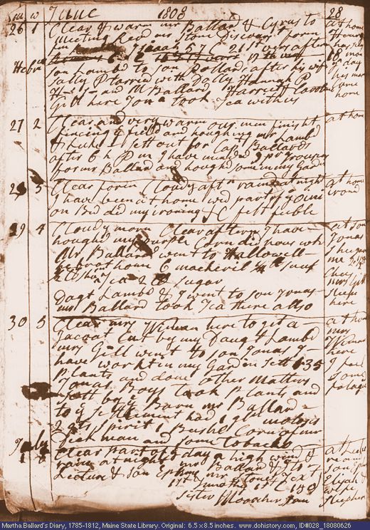 Jun. 26-Jul. 1, 1808 diary page (image, 141K). Choose 'View Text' (at left) for faster download.