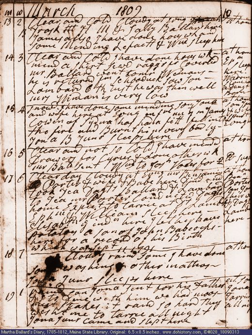 Mar. 13-19, 1809 diary page (image, 144K). Choose 'View Text' (at left) for faster download.
