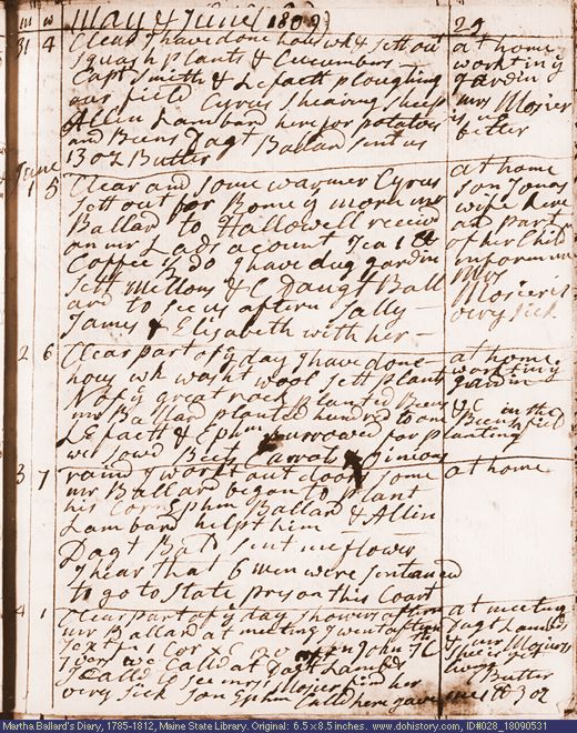 May 31-Jun. 4, 1809 diary page (image, 130K). Choose 'View Text' (at left) for faster download.