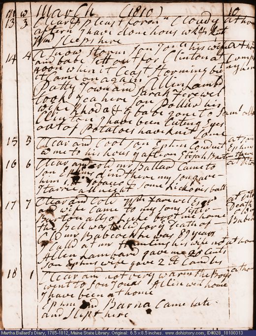 Mar. 13-18, 1810 diary page (image, 124K). Choose 'View Text' (at left) for faster download.