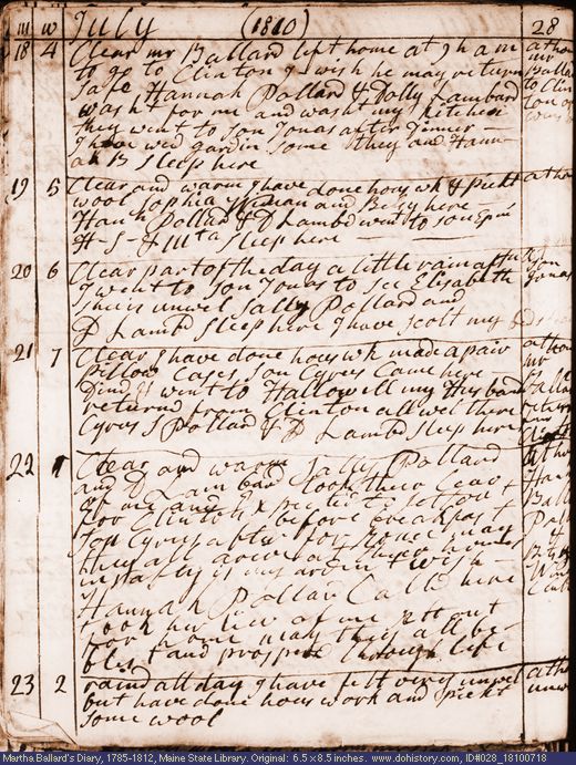 Jul. 18-23, 1810 diary page (image, 131K). Choose 'View Text' (at left) for faster download.