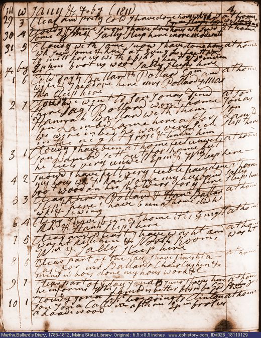 Jan. 29-Feb. 10, 1811 diary page (image, 135K). Choose 'View Text' (at left) for faster download.