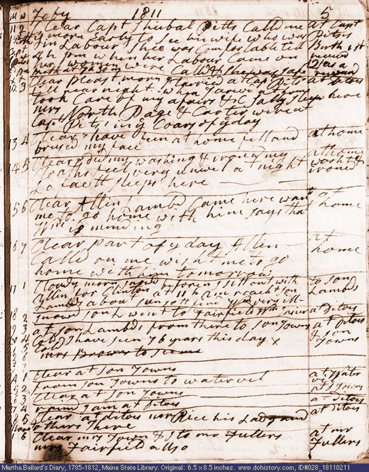 Feb. 11-Mar. 1, 1811 diary page (image, 130K). Choose 'View Text' (at left) for faster download.