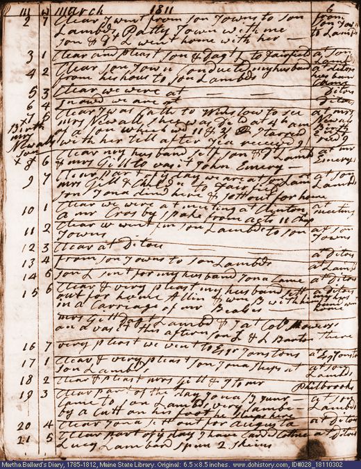 Mar. 2-21, 1811 diary page (image, 138K). Choose 'View Text' (at left) for faster download.