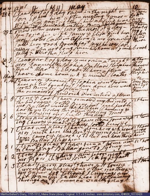 Apr. 28-May 7, 1811 diary page (image, 141K). Choose 'View Text' (at left) for faster download.