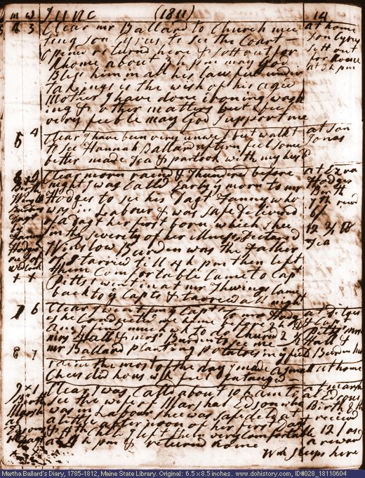 Jun. 4-9, 1811 diary page (image, 142K). Choose 'View Text' (at left) for faster download.