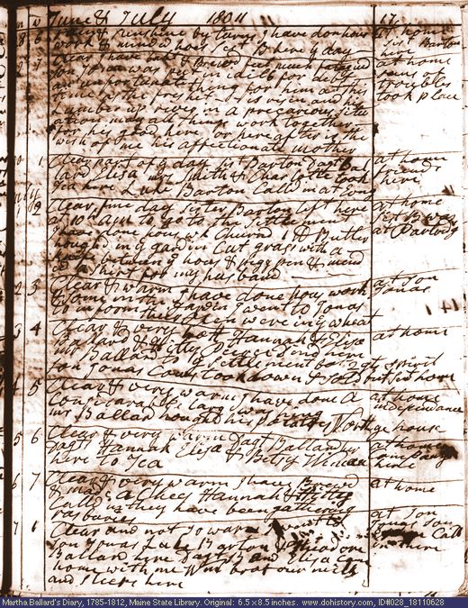 Jun. 28-Jul. 7, 1811 diary page (image, 150K). Choose 'View Text' (at left) for faster download.
