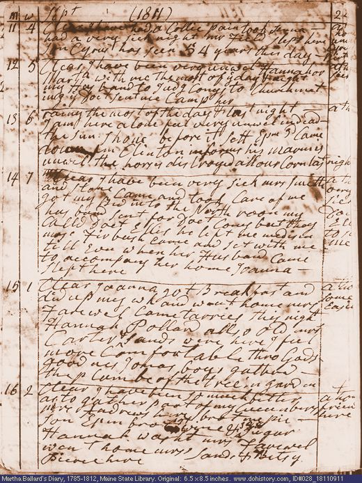 Sep. 11-16, 1811 diary page (image, 131K). Choose 'View Text' (at left) for faster download.