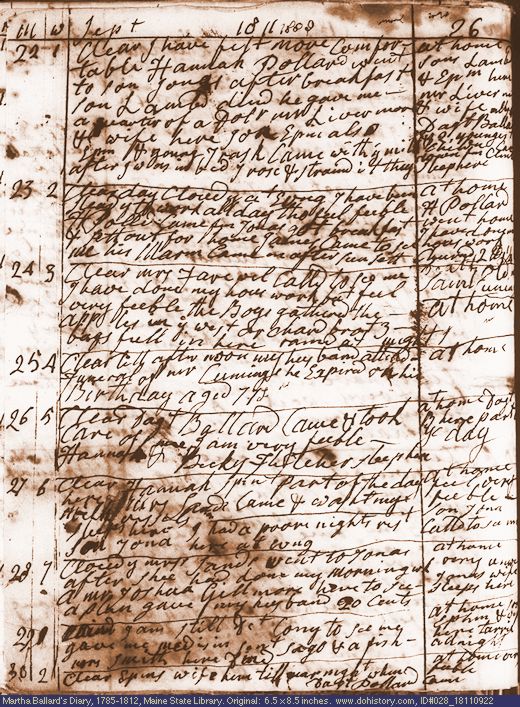 Sep. 22-30, 1811 diary page (image, 153K). Choose 'View Text' (at left) for faster download.